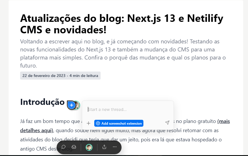 Interface de adicionar comentário vercel em um aversão ainda não publicada