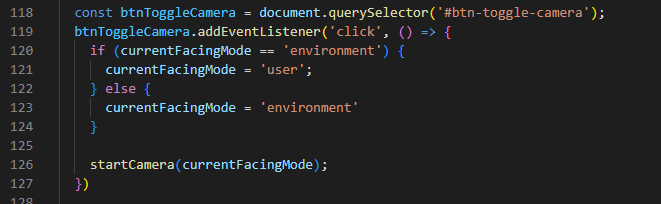 código javascript para troca entre as cameras