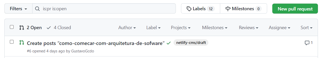 Pull request no github controlado pelo netlify