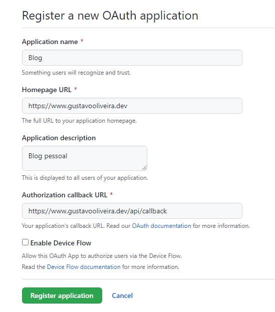 Configuração do aplicativo OAuth github